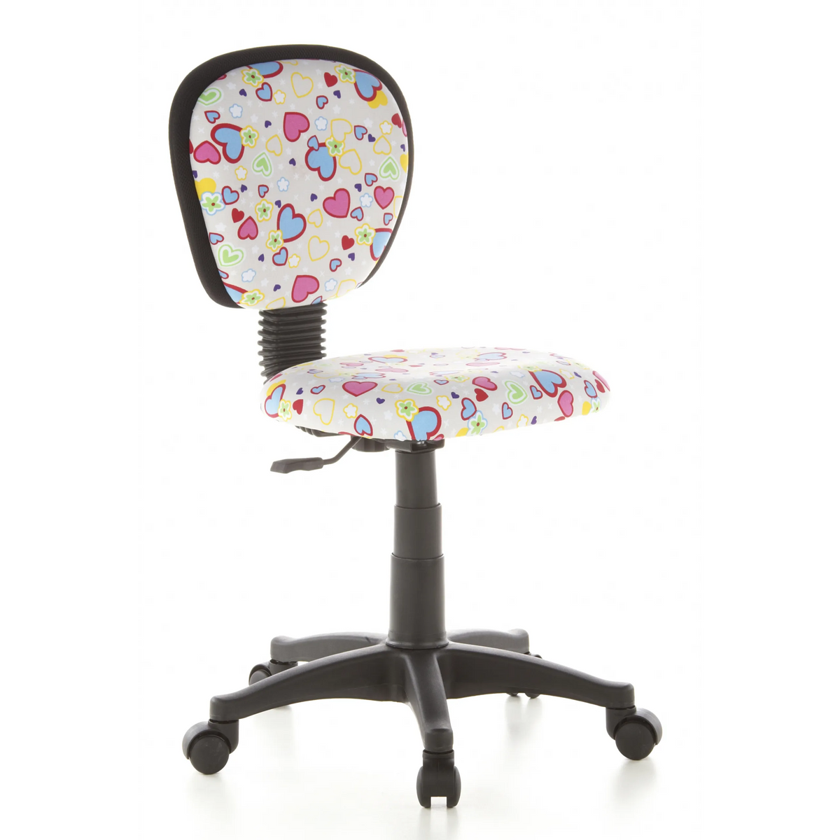 Snurrstol för barn KIDDY TOP med färgglatt hjärt- och blommönster samt femhjulig fotkorsbas från hjh OFFICE – 360-gradersvy (snett framifrån 40°)
