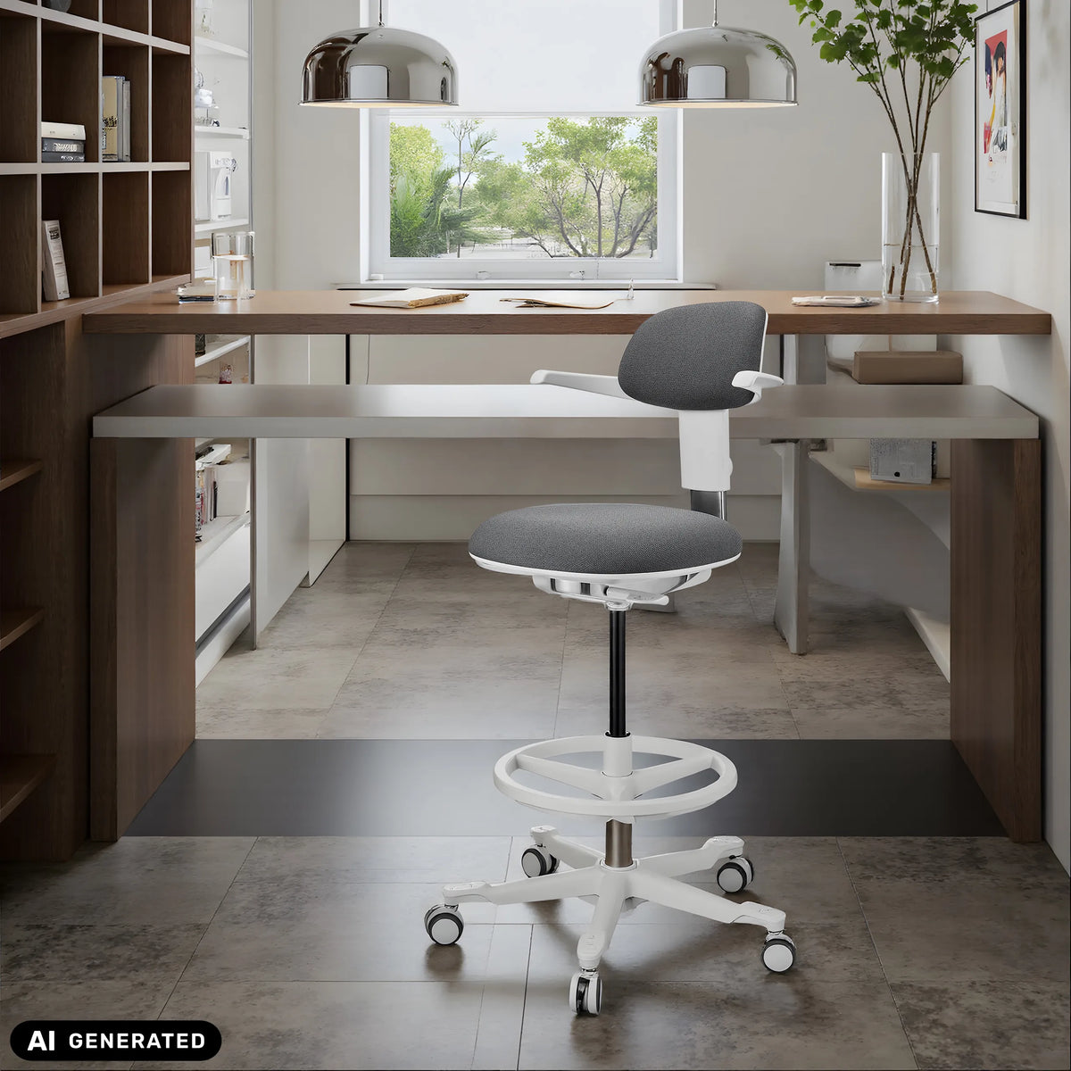 Arbetsstol TOP WORK 40 W i mörkgrå med vit stjärnfot och fotring från hjh OFFICE (AI-genererad bild)