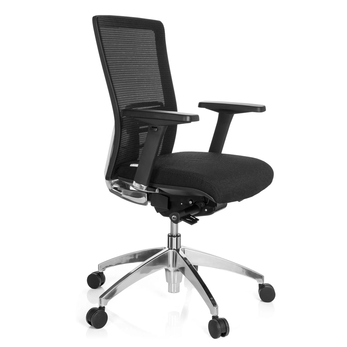 Svart Professionell kontorsstol ASTRA BASE N med nätrygg och blank femstjärnig fot med hjul från hjh OFFICE – 360-gradersvy (snett framifrån 60°)