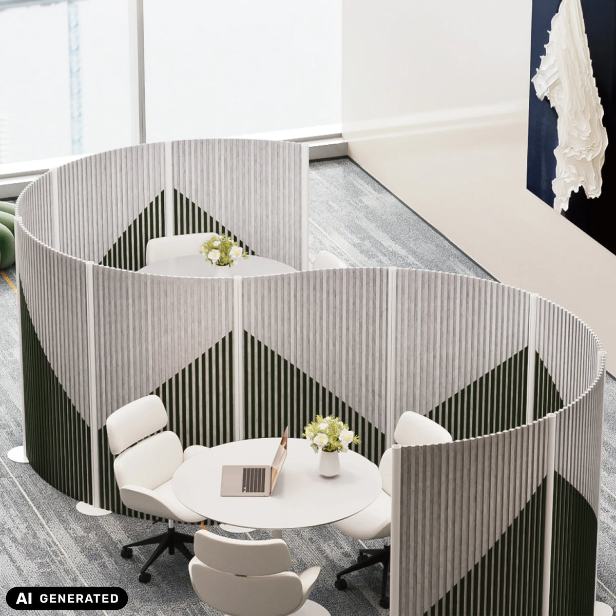 Grå Flexmiut Wave skärmväggar för visuell och akustisk avskärmning med geometriskt mönster från hjh OFFICE (AI-genererad bild)