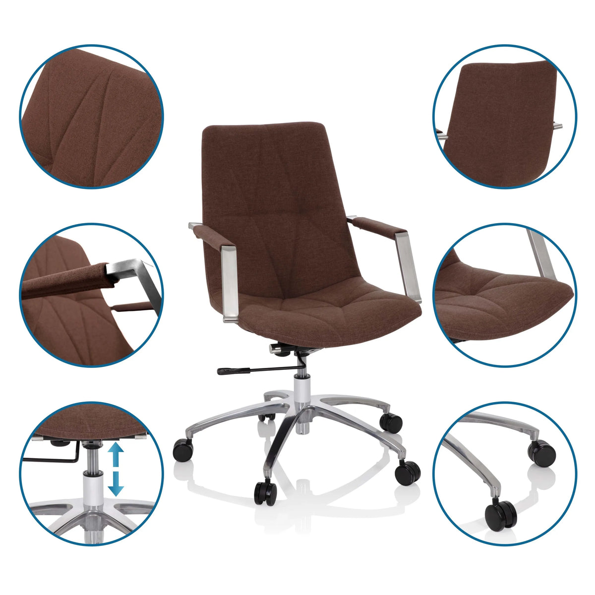 Home Office kontorsstol SARANTO II i mellanbrun med detaljvyer av tyg, armstöd och gasfjäder från hjh OFFICE