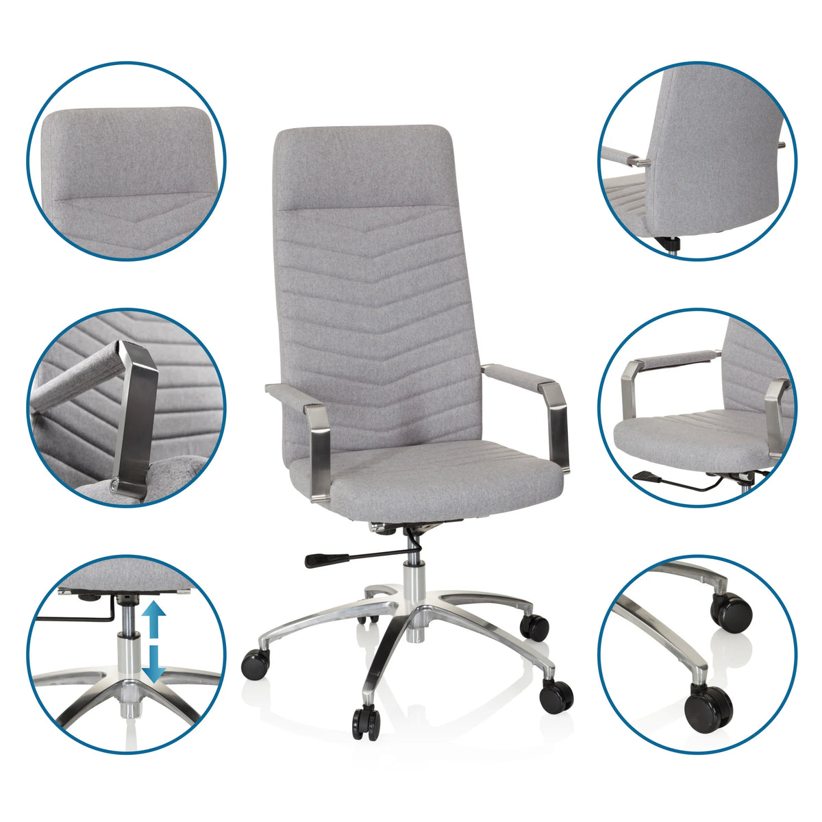 Ljusgrå Home Office kontorsstol SARANTO PLUS med detaljvyer av tyg, armstöd, gasfjäder och hjul från hjh OFFICE