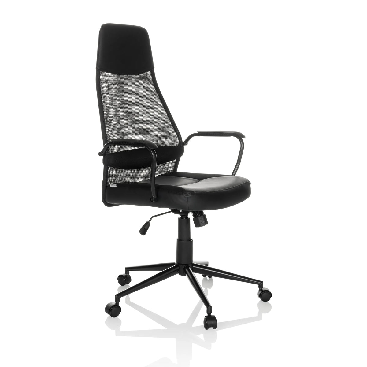 Svart Home Office chefsfåtölj MARCOZ med nätrygg och femhjulig fotkorsbas från MyBuero – 360-gradersvy (snett framifrån 45°)