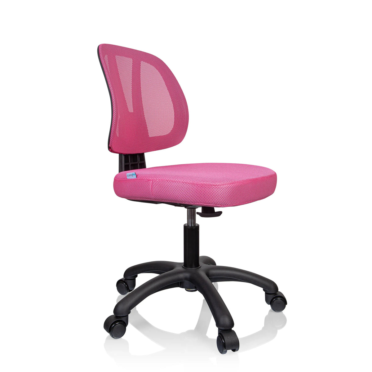 Rosa Snurrstol för barn KID YU 200 med nätrygg och svart femstjärnig fotkryss med hjul från hjh OFFICE – 360-gradersvy (snett framifrån 60°)