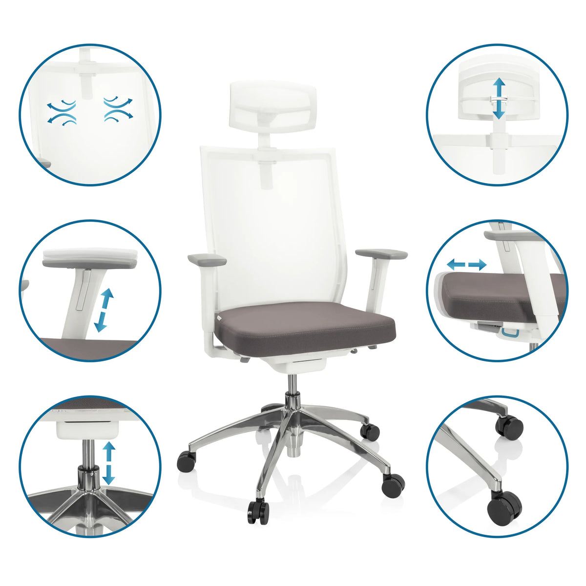 Justeringsmekanismer för Professionell kontorsstol ASPEN WHITE PRO i gråvitt från hjh OFFICE
