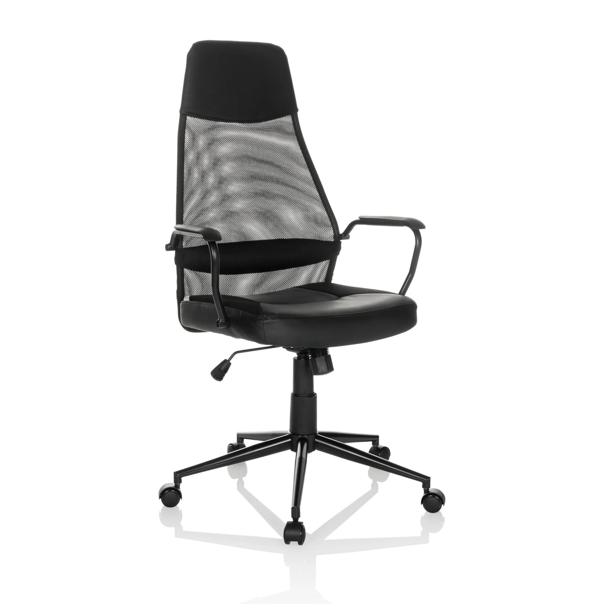 Svart Home Office chefsfåtölj MARCOZ med nätrygg och femhjulig fotkorsbas från MyBuero – 360-gradersvy (snett framifrån 30°)