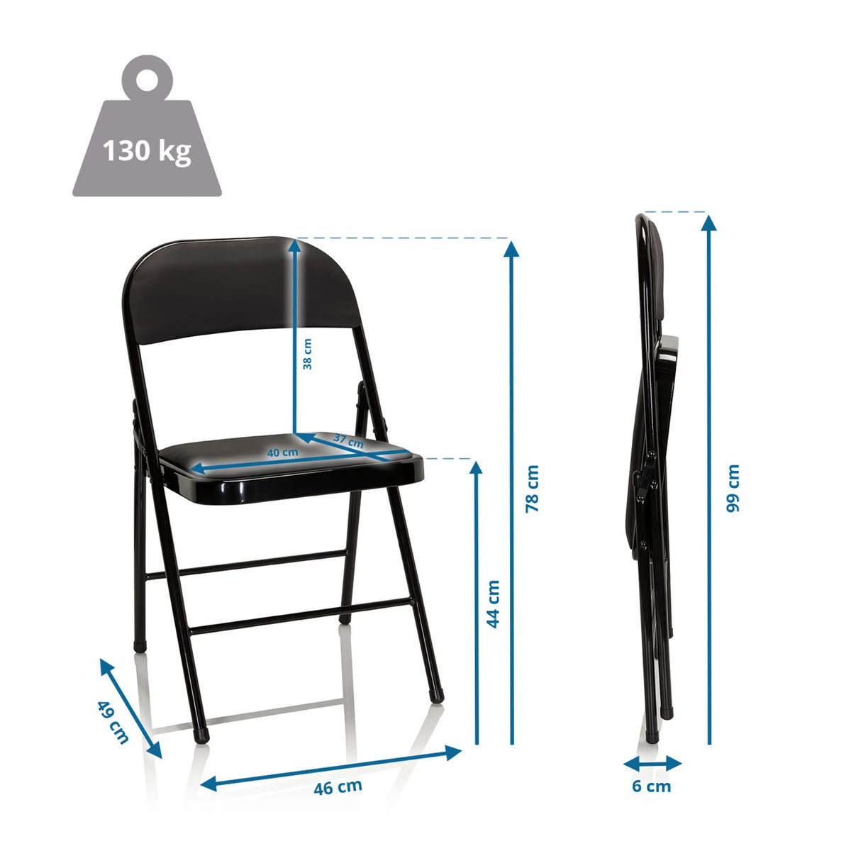 Måttritning av den Hopfällbar stol TUDELA med en total höjd på 78 cm och en belastningskapacitet på 130 kg från hjh OFFICE