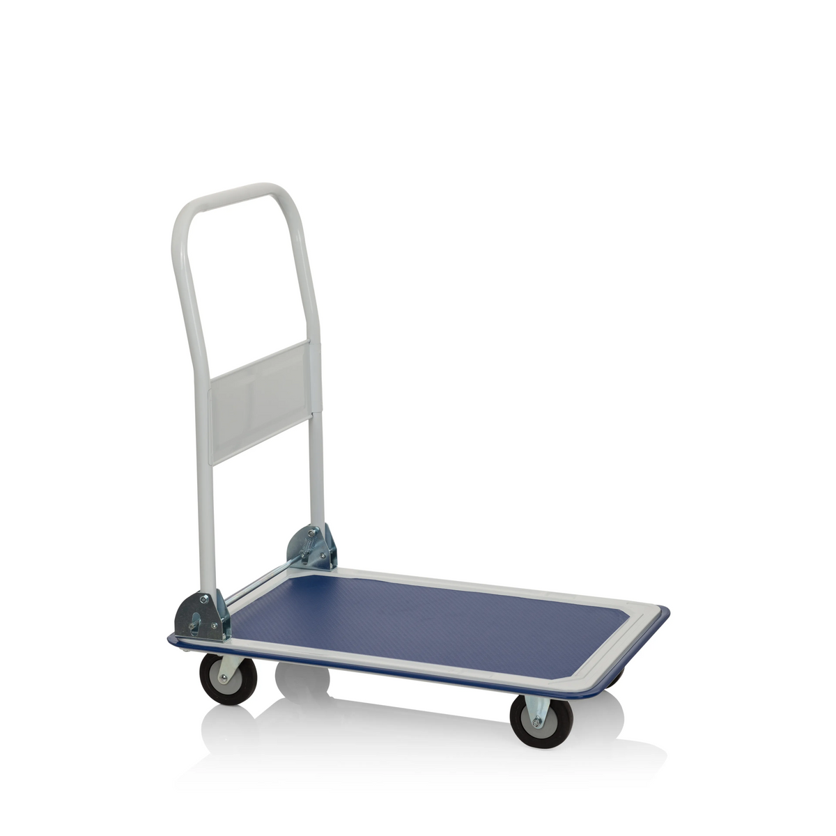 Blau-weißer Plattformwagen CARRY mit klappbarem Griff und vier Rollen von hjh OFFICE – 360-Grad-Ansicht (Frontansicht 0°)
