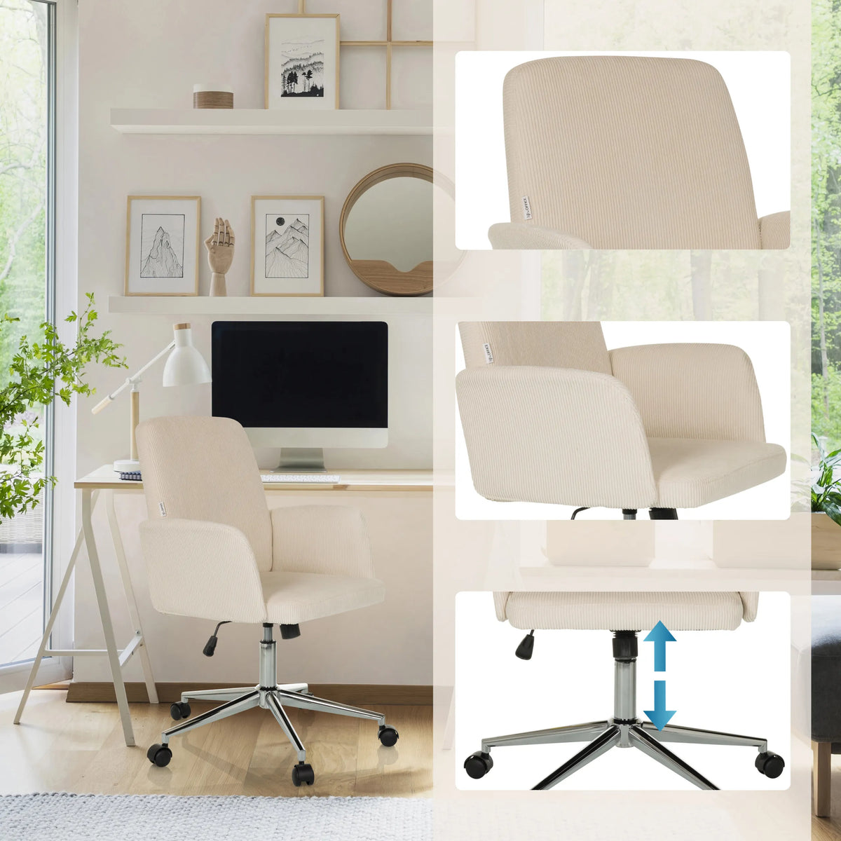 Beige SOLAO CORD Home Office kontorsstol med höjdjusterbart fotkors och armstöd från hjh OFFICE