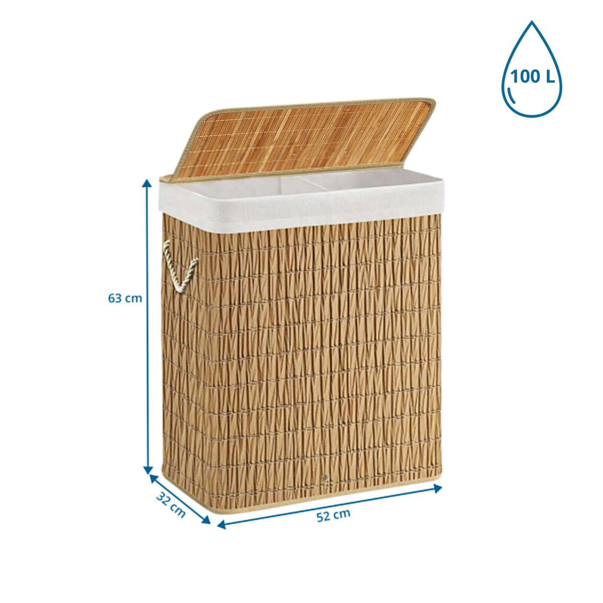 Måttritning av FALSTER XL R tvättkorg med 63 × 52 cm och en volym på 100 l från hjh LIVING