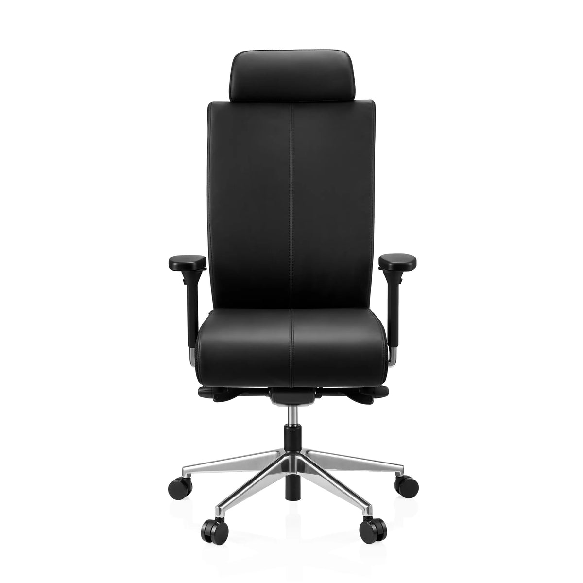 Svart Professionell kontorsstol PRO-TEC XXL i läder med nackstöd och femstjärnig fotkorsbas med hjul från hjh OFFICE – 360-gradersvy (framifrån 0°)