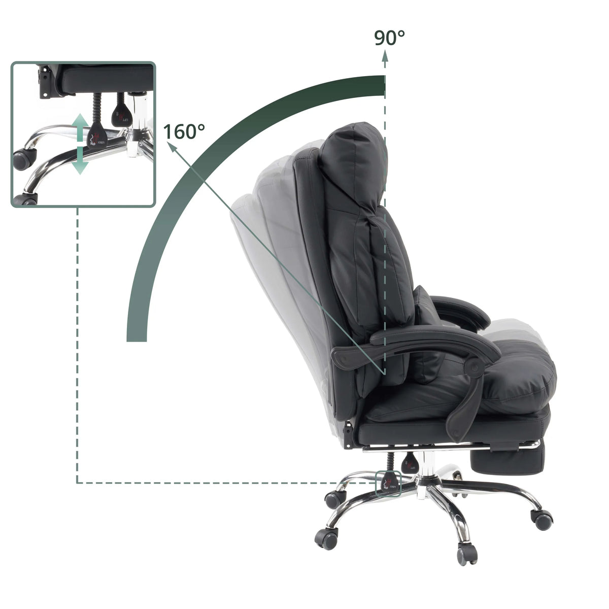 Svart Home Office chefsfåtölj Relax Legoro med fotstöd och kromad fotkorsbas från MyBuero