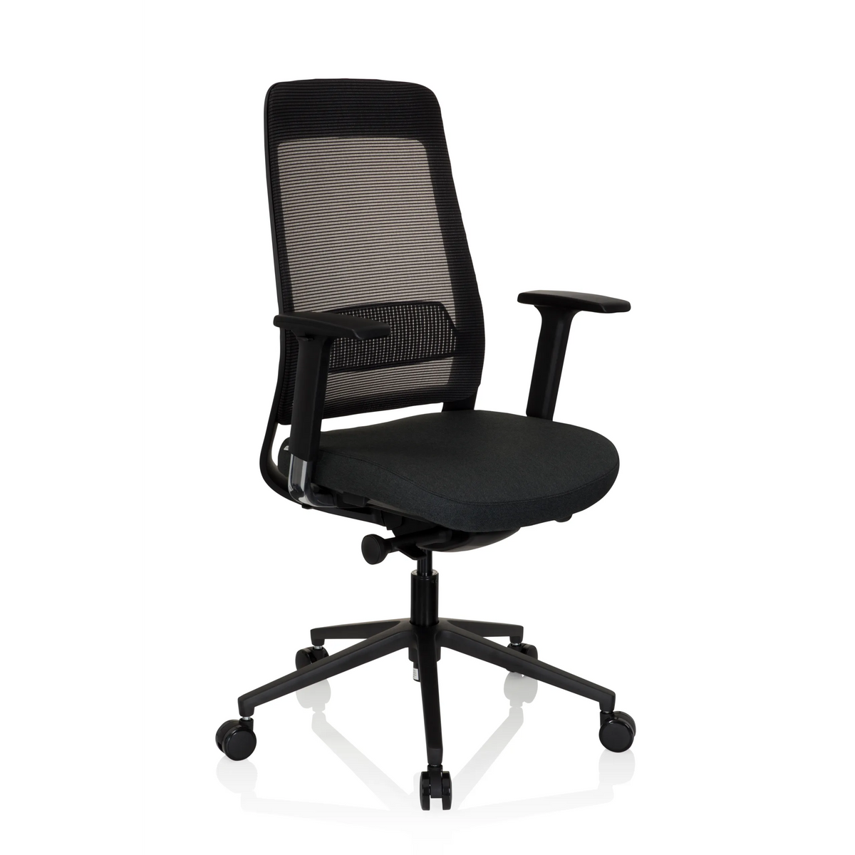 Svart Professionell kontorsstol CHIARO T1 BLACK med nätrygg och femstjärnigt fotkors med hjul från hjh OFFICE – 360-gradersvy (snett framifrån 40°)