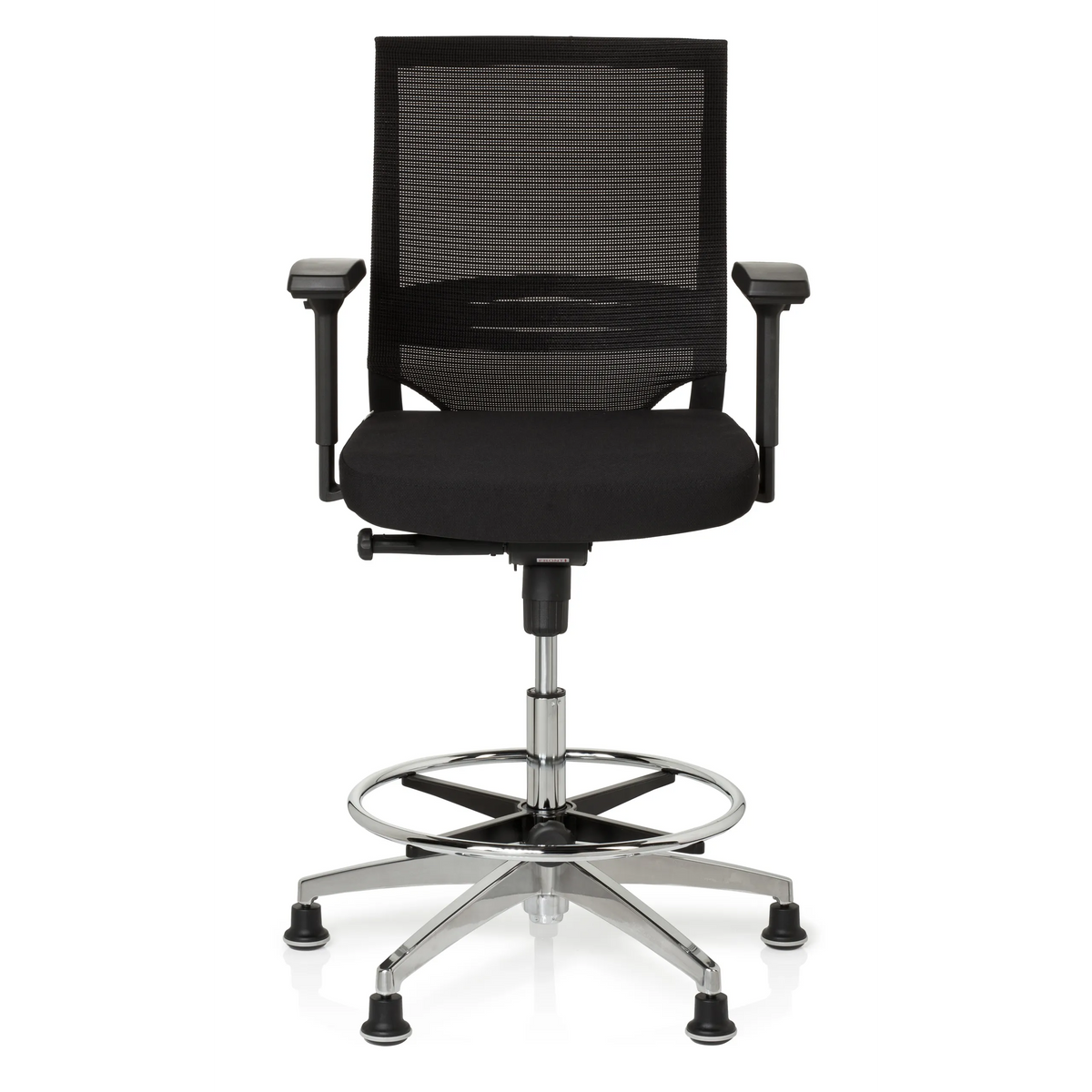 Svart Bardiskstol TOP WORK 77 med nätrygg, fotring och fem glidskydd från hjh OFFICE – 360-gradersvy (framifrån 0°)