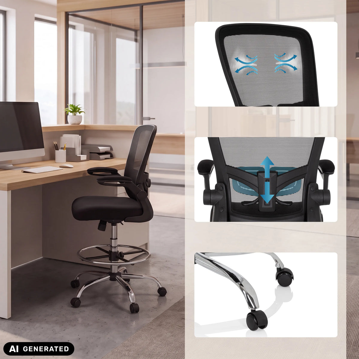 Bardiskstol VENDO WORK i svart med detaljvyer av ryggstödet och hjulen från hjh OFFICE (AI-genererad bild)