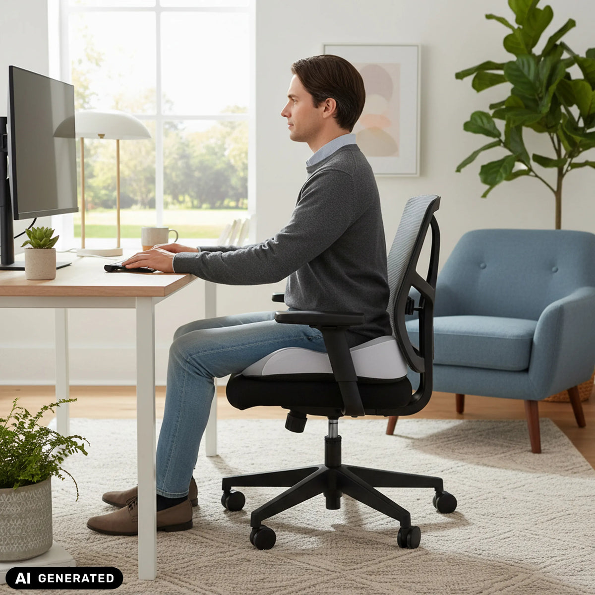 Grå MEDISIT IV sittdyna på en svart kontorsstol från hjh OFFICE (AI-genererad bild)