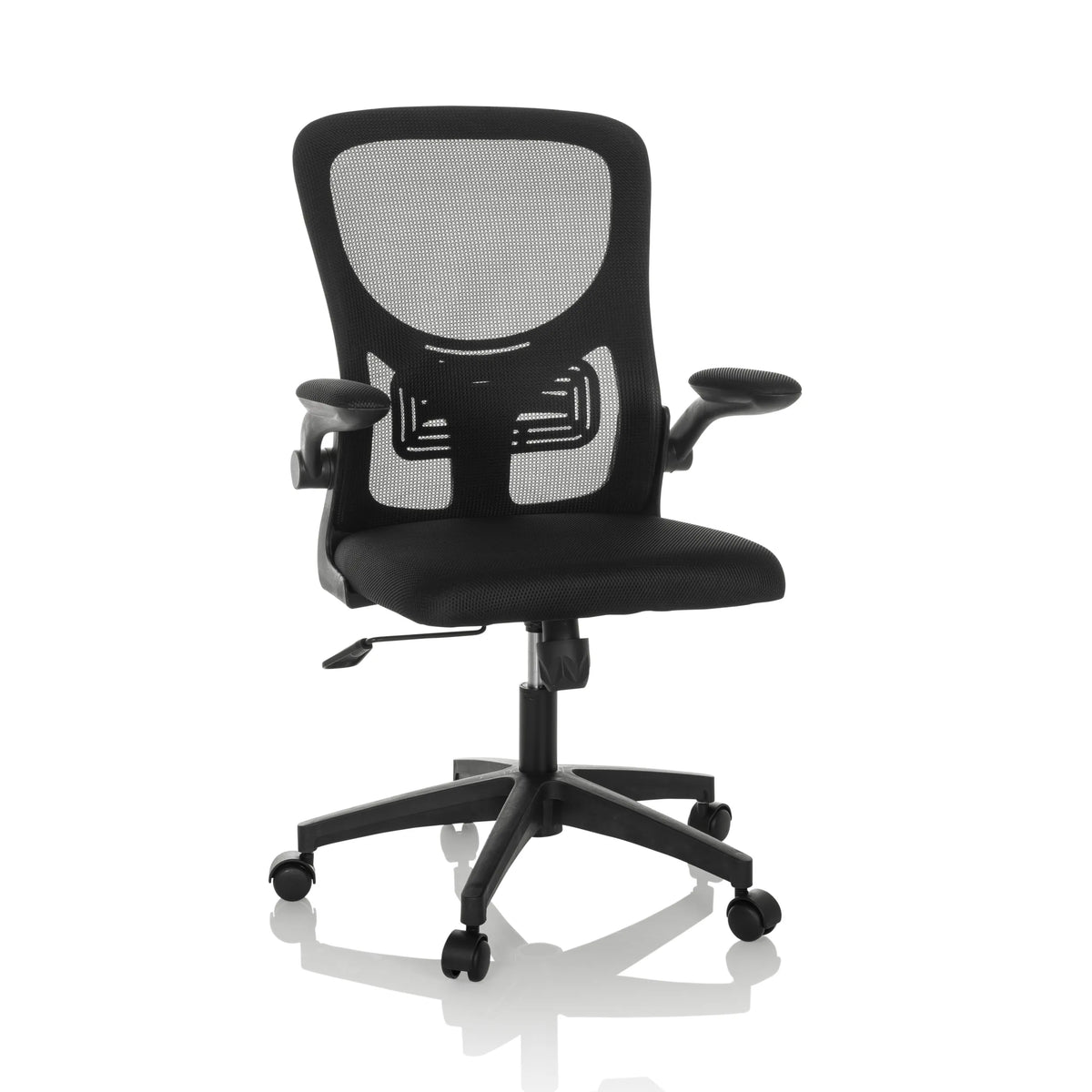 Svart Home Office kontorsstol BELIO med nätrygg och femstjärnig fotkorsbas med hjul från hjh OFFICE – 360-gradersvy (framifrån 15°)