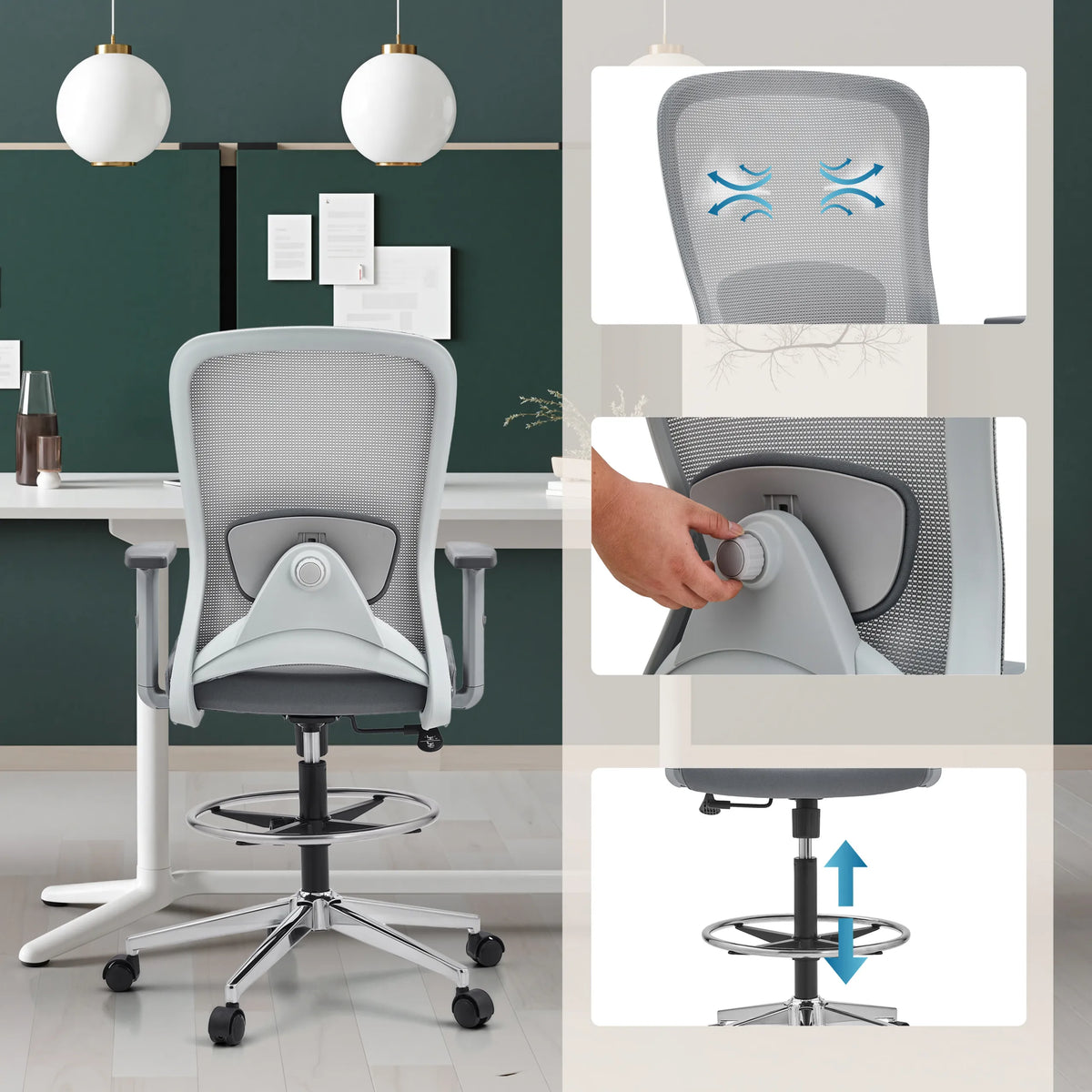 Grå bardiskstol Top Work 44 W med nätrygg, fotring och höjdjustering från hjh OFFICE