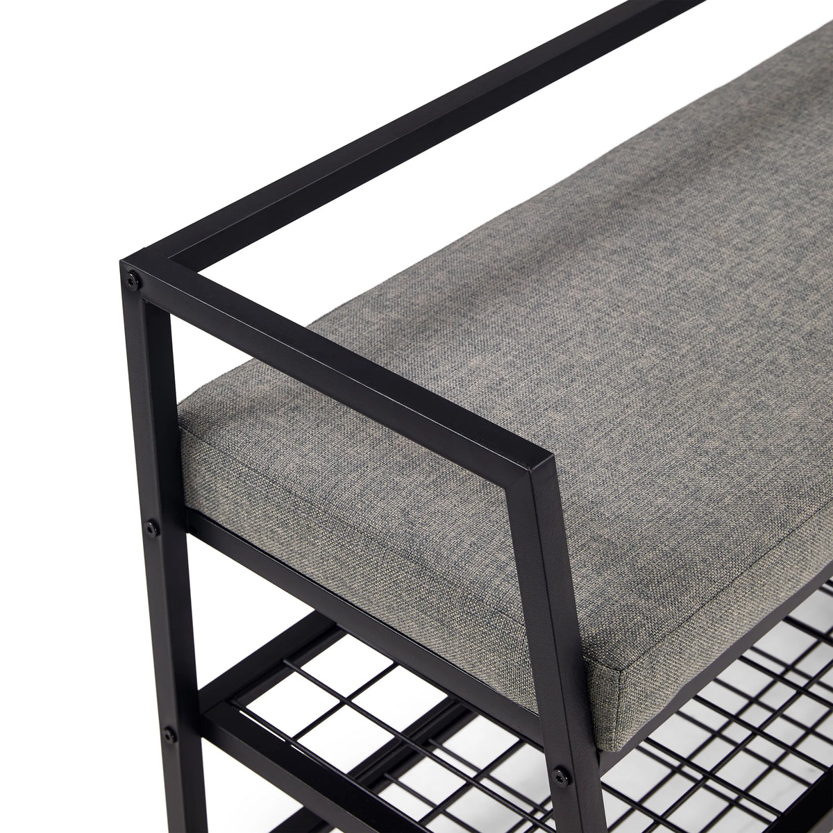 Graue Sitzfläche und schwarzes Metallgestell des Schuhschranks Estha Loft von hjh LIVING