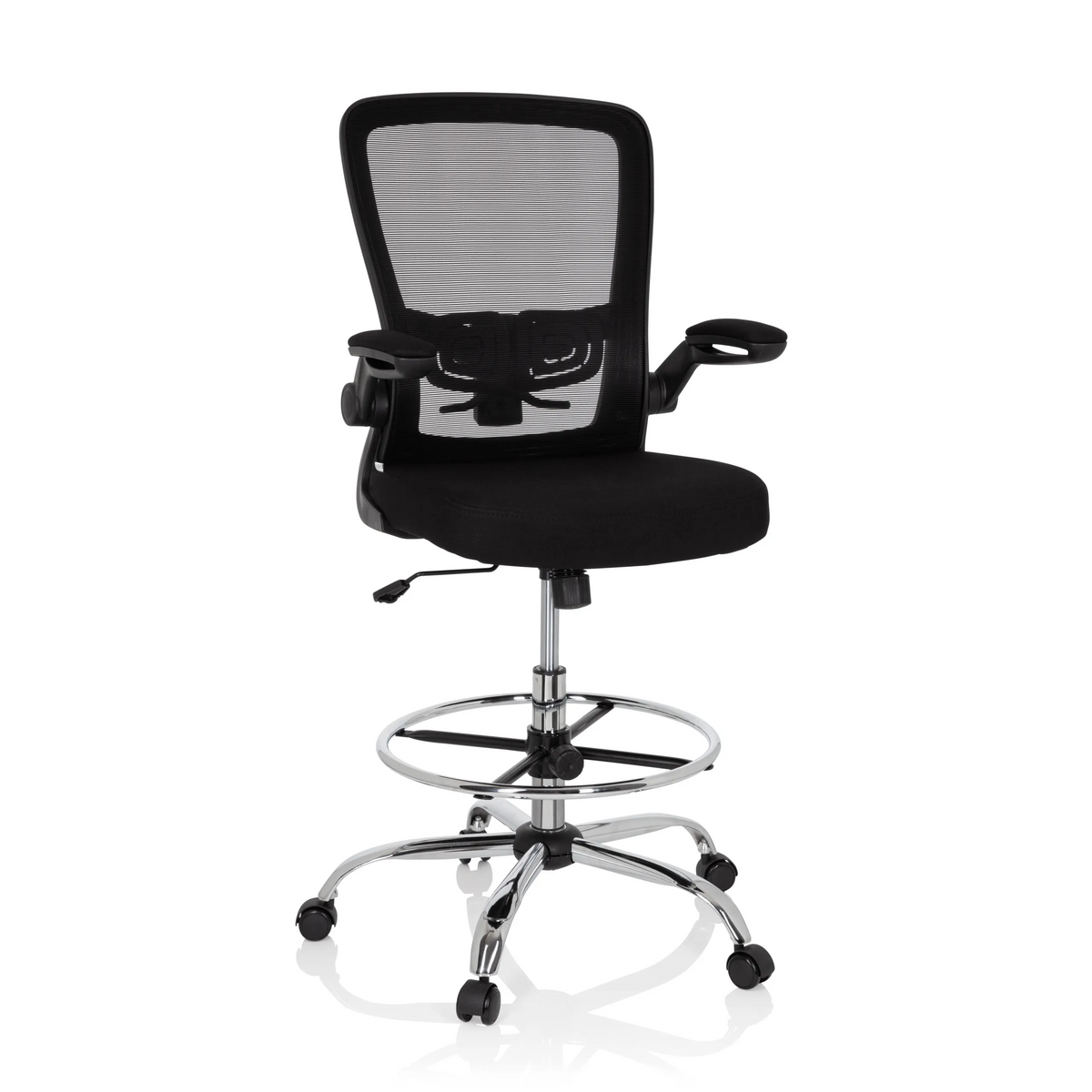 Svart Bardiskstol VENDO WORK med nätrygg, fotring och femstjärnigt fotkors med hjul från hjh OFFICE – 360-gradersvy (framifrån 19°)