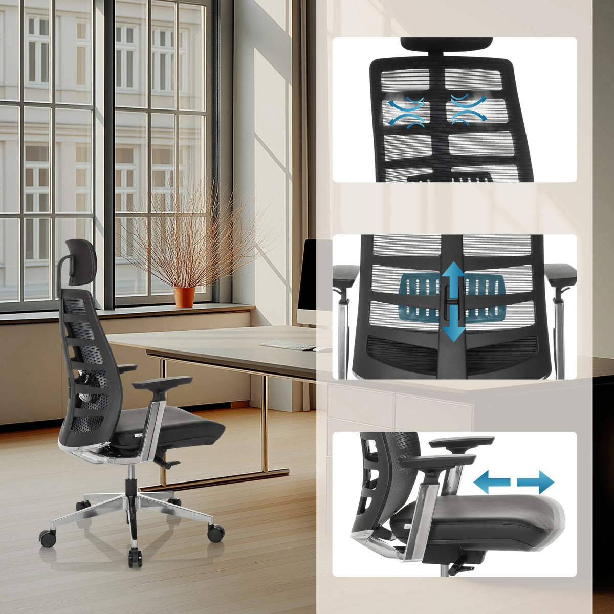 Justerbart ryggstöd och sits på Hög kontorsstol SPINIO ELITE L från hjh OFFICE