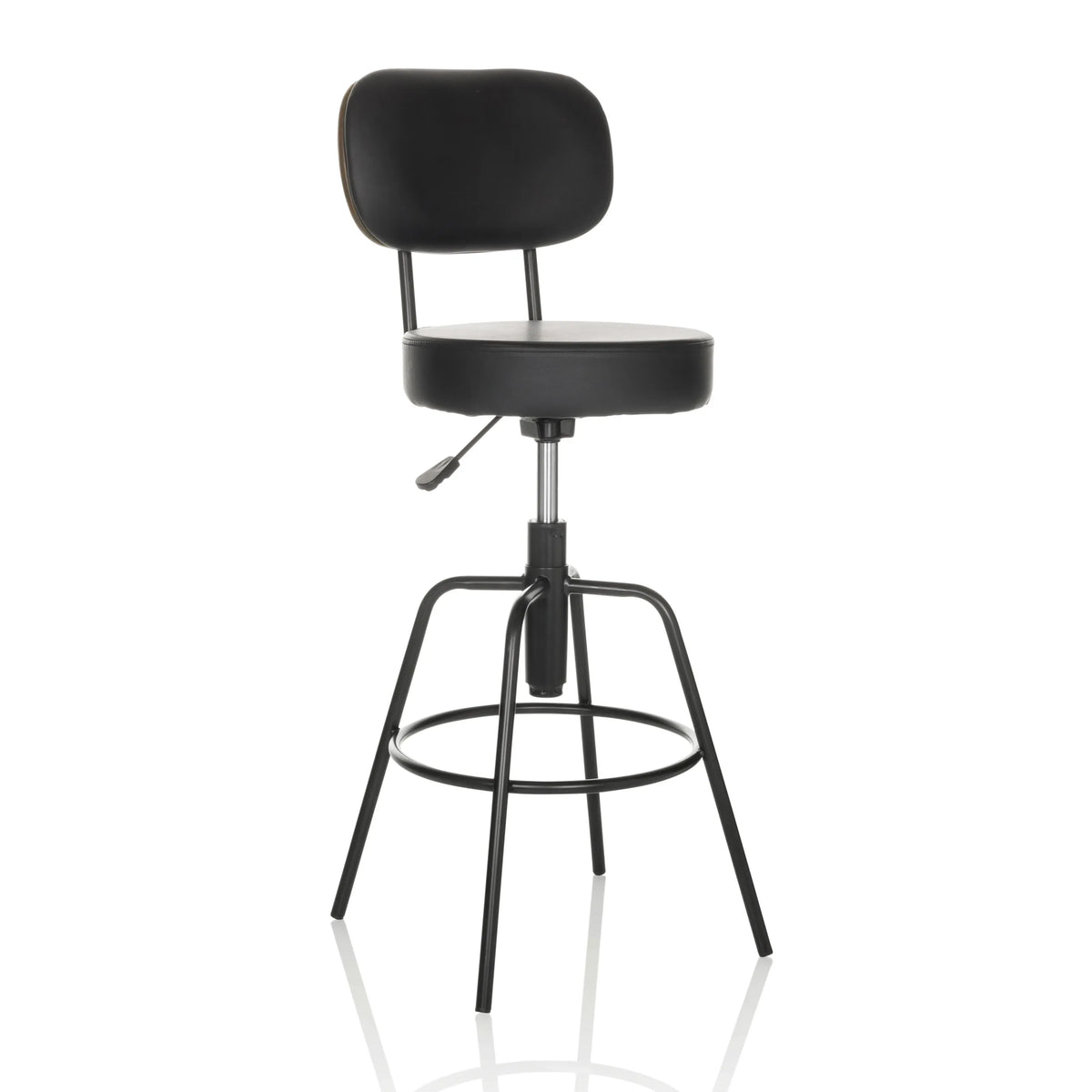 Svart Barstol DISC HIGH med ryggstöd och rund fotring från hjh OFFICE – 360-gradersvy (snett framifrån 30°)