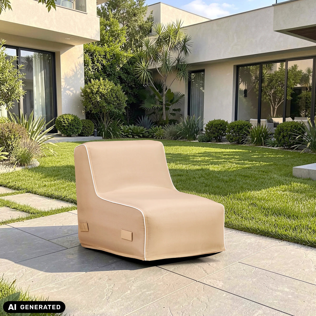 Beige Sitzolo Air uppblåsbar soffa på en terrass framför ett grönområde från hjh LIVING (AI-genererad bild)