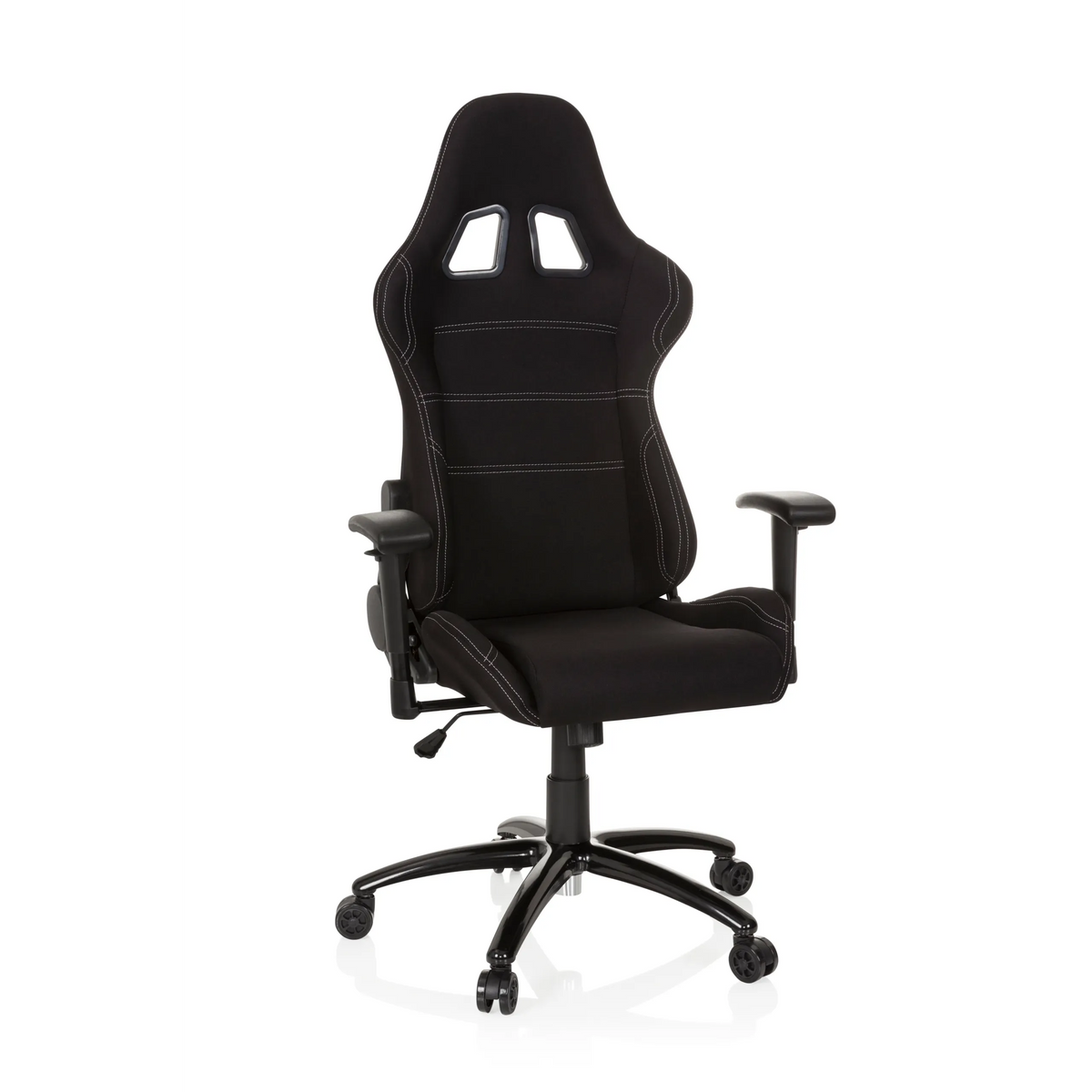 Svart Spelstol GAME FORCE med nackstöd, armstöd och femhjulig fotkorsbas från hjh OFFICE – 360-gradersvy (framifrån 20°)