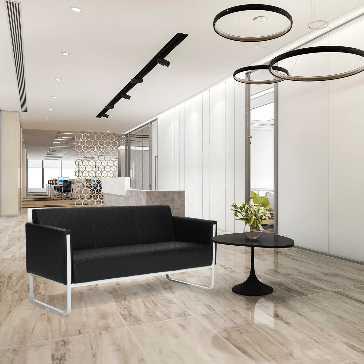 Svart ARUBA STEP loungesoffa som tresitssoffa med quiltad klädsel och silverfärgat metallstativ från hjh OFFICE