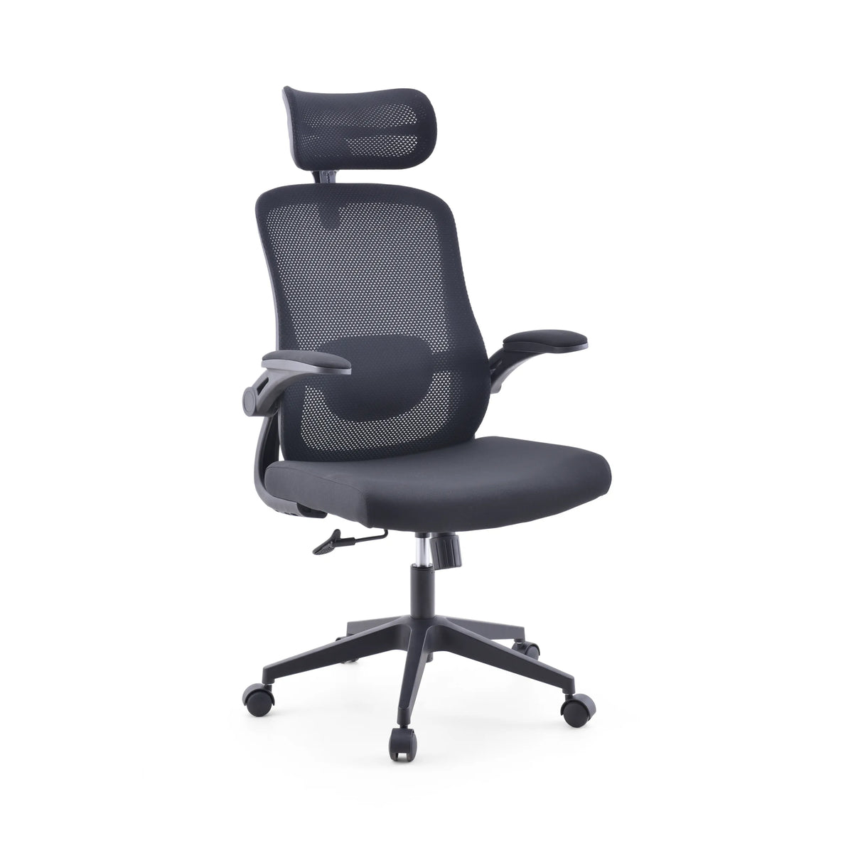 Svart Home Office kontorsstol Vertuflex med nätrygg och femkorsfot med hjul från MyBuero – 360-gradersvy (snett framifrån 30°)