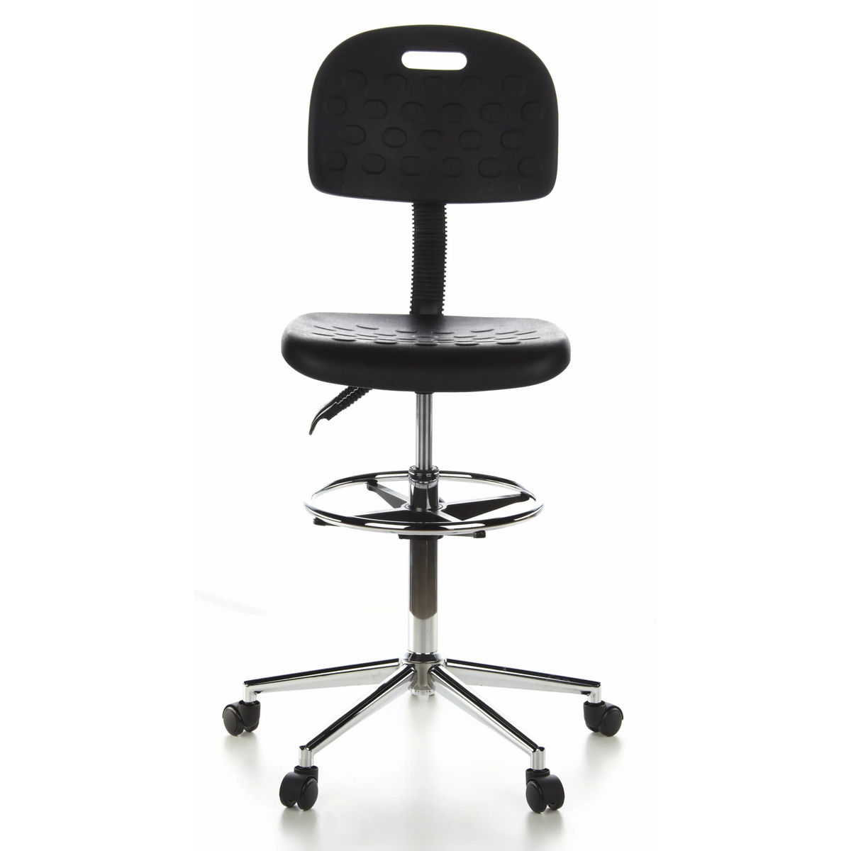 Svart Bardiskstol TOP WORK 23 med fotring och femstjärnigt fotkors med hjul från hjh OFFICE – 360-gradersvy (framifrån 0°)