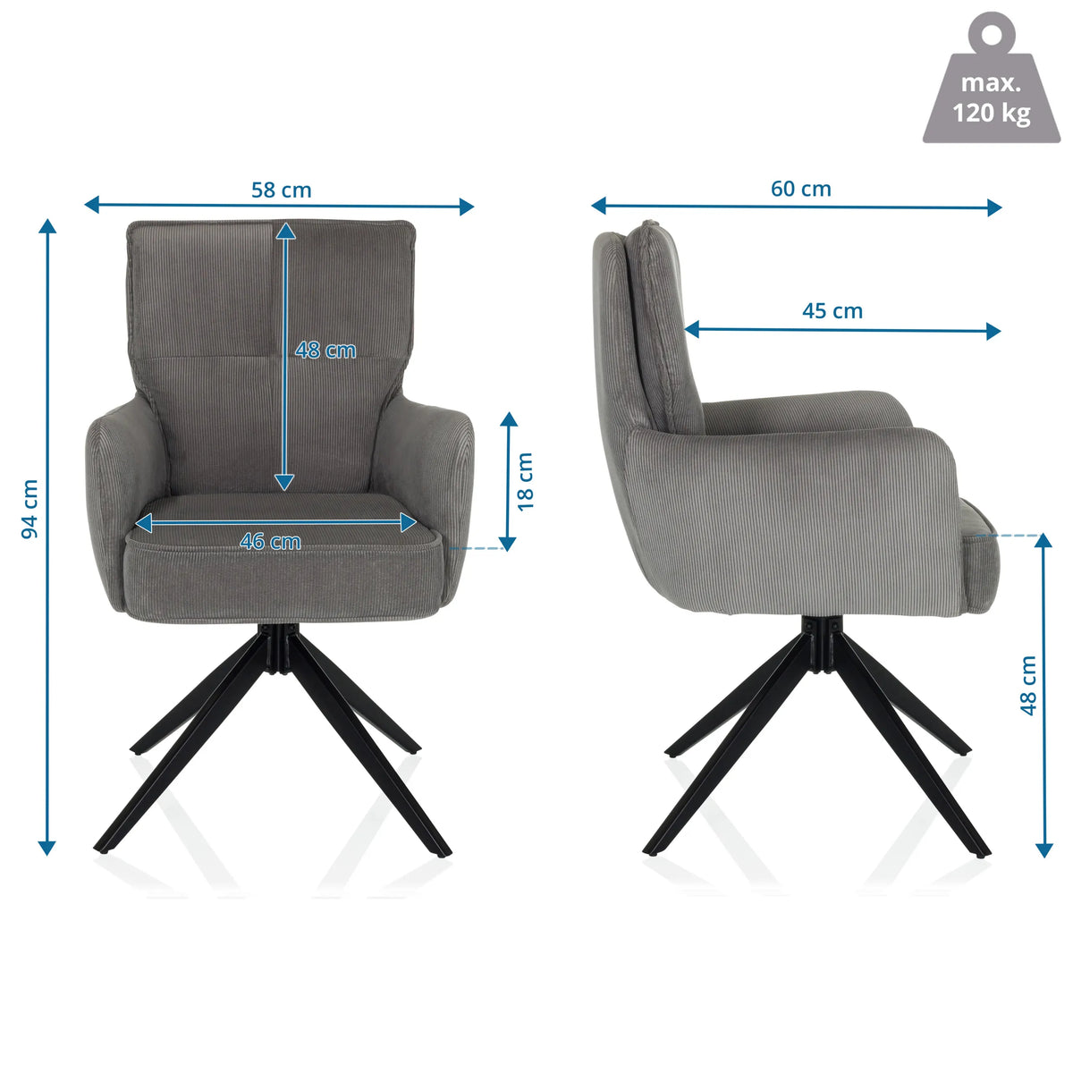 Maßzeichnung des Polsterstuhls TARUGO mit einer Höhe von 94 cm und einer Breite von 58 cm von hjh LIVING