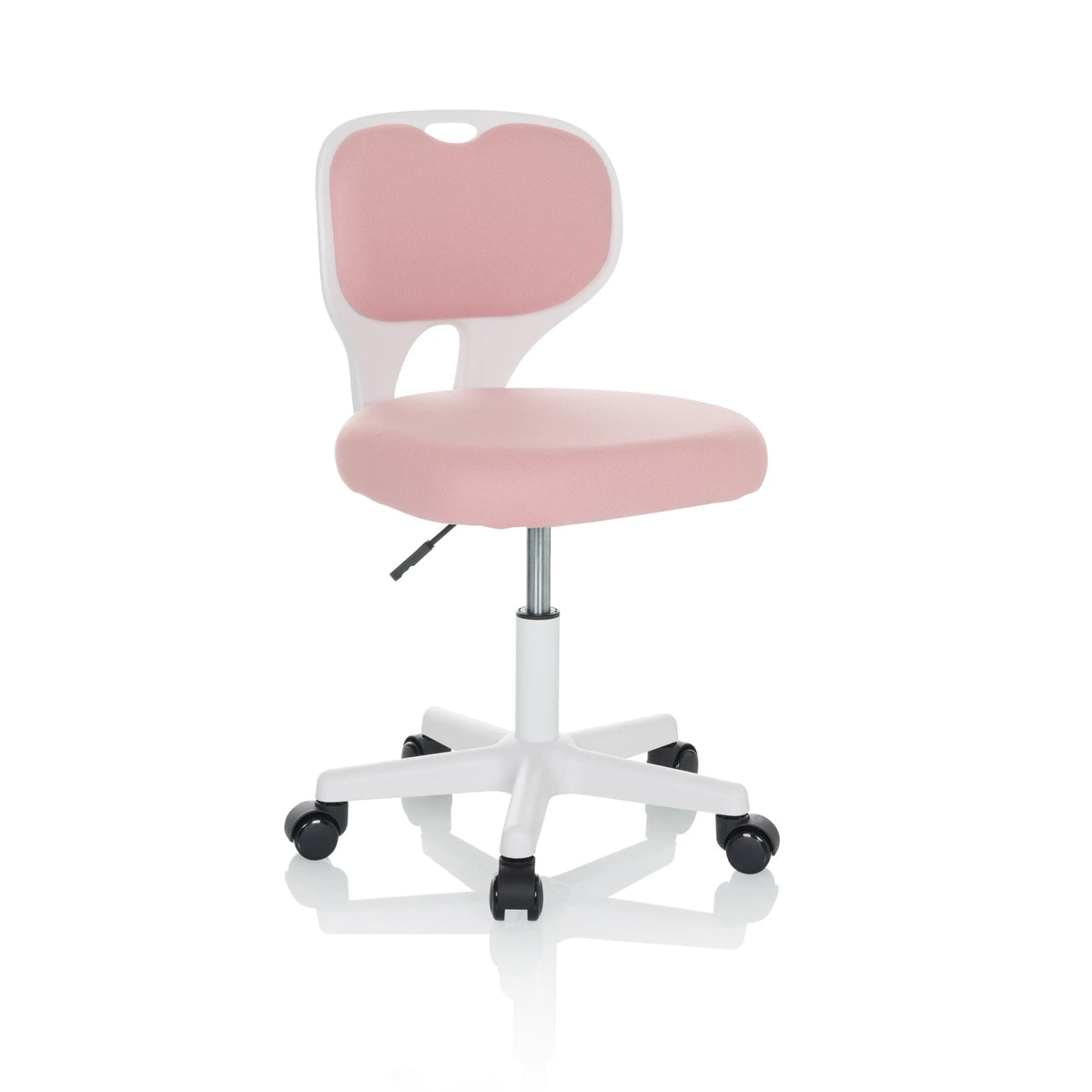 Rosa Snurrstol för barn KIDDY TOP W med vit ram och femhjulig bas från hjh OFFICE – 360-gradersvy (snett framifrån 30°)