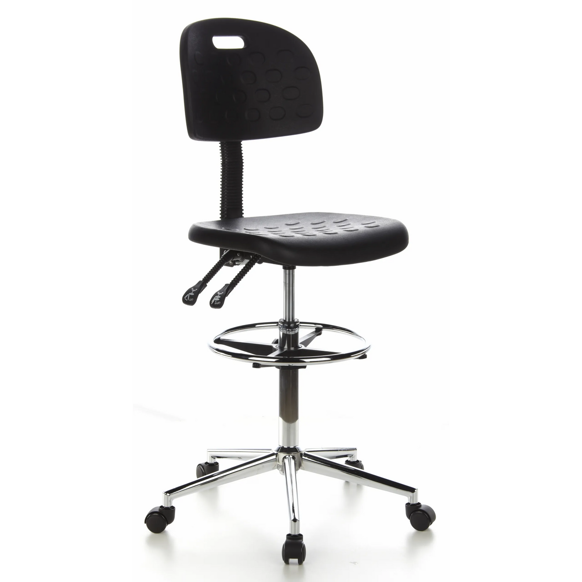 Svart Bardiskstol TOP WORK 23 med fotring och femstjärnigt fotkors med hjul från hjh OFFICE – 360-gradersvy (snett framifrån 40°)