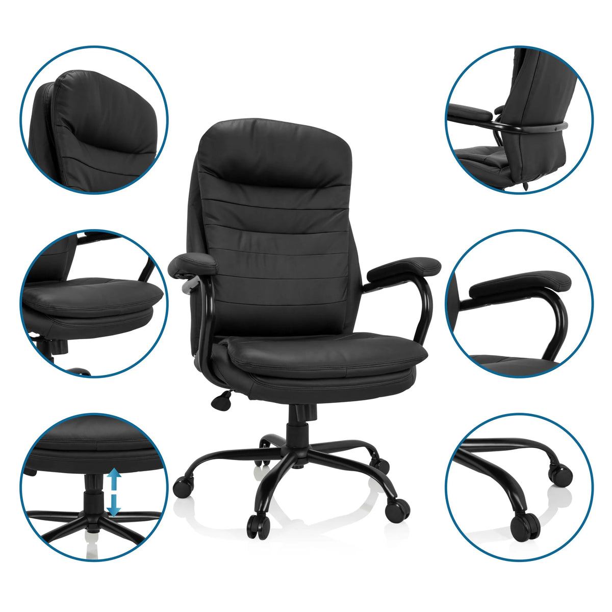 Svart snurrstol RELAX XXL B i konstläder med detaljvyer av armstöd och underrede från hjh OFFICE