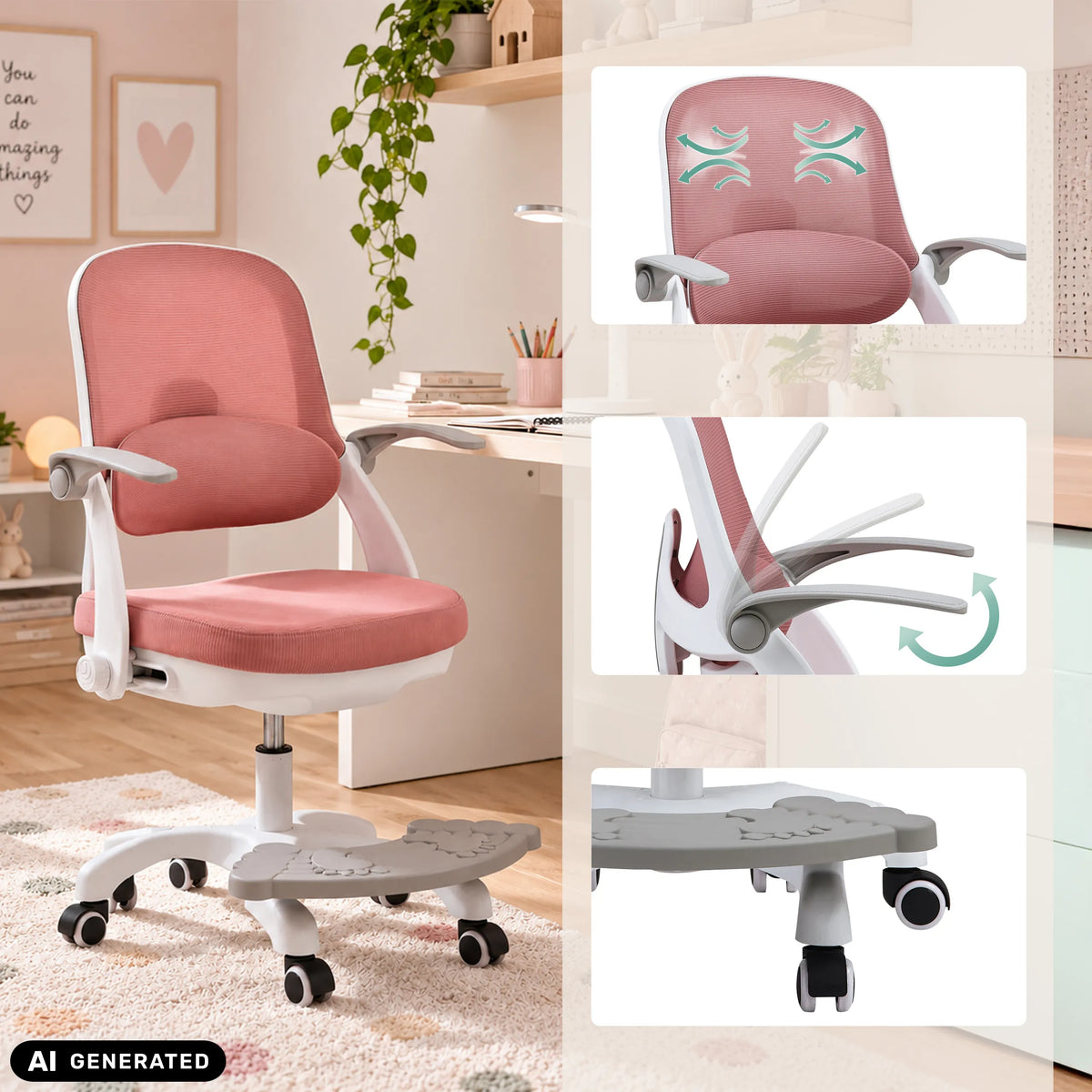 Rosa Kiddy Smart Step snurrstol för barn med fotstöd och justerbara armstöd från hjh OFFICE (AI-genererad bild)