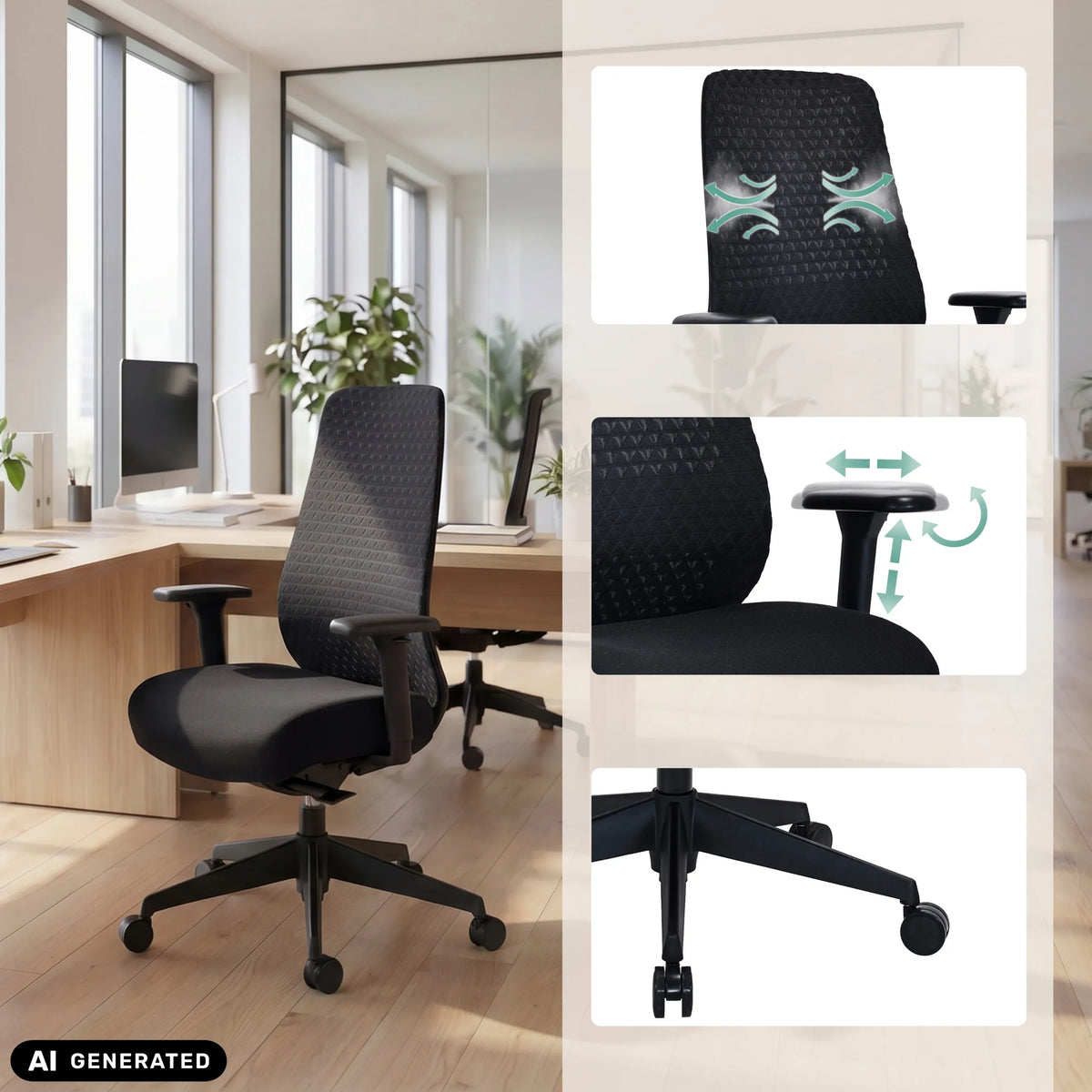 Professionell kontorsstol Verviq i svart med justerbara armstöd och stjärnfot från hjh OFFICE (AI-genererad bild)