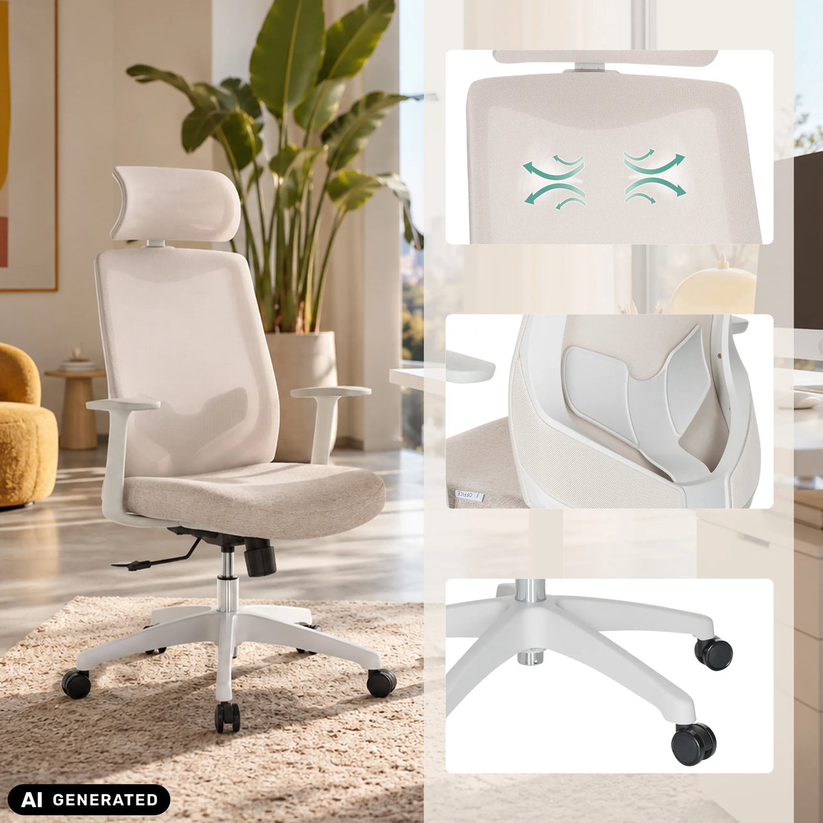 Beige Home Office kontorsstol MIKEO W med nätrygg och nackstöd vid ett skrivbord från hjh OFFICE