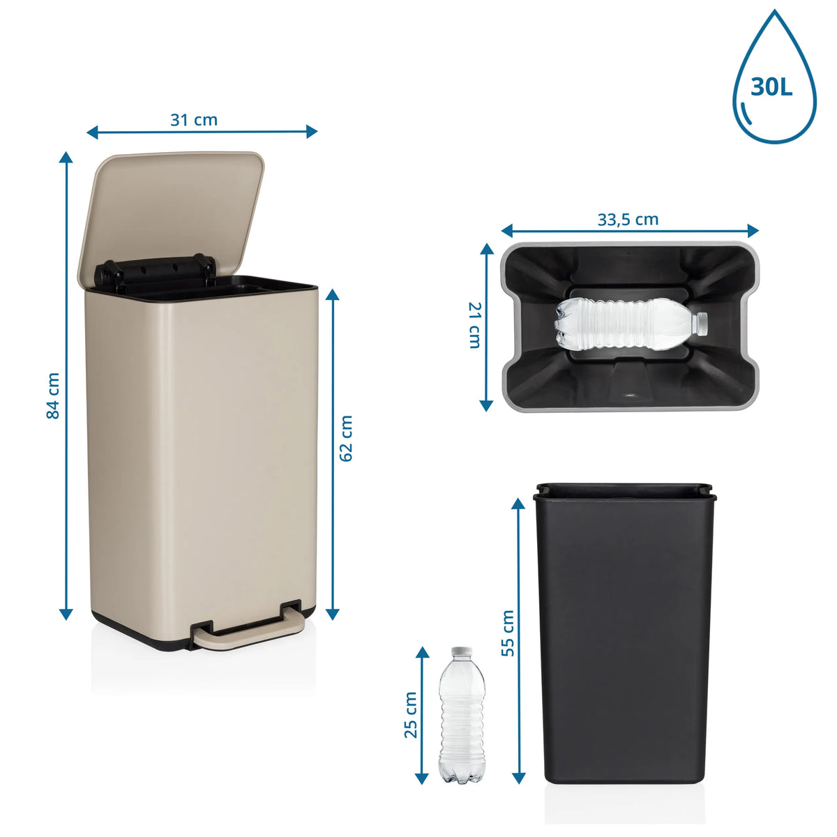 Måttsättning av Papperskorg CLEAN BEVA med 30 l kapacitet och en höjd på 84 cm från hjh OFFICE