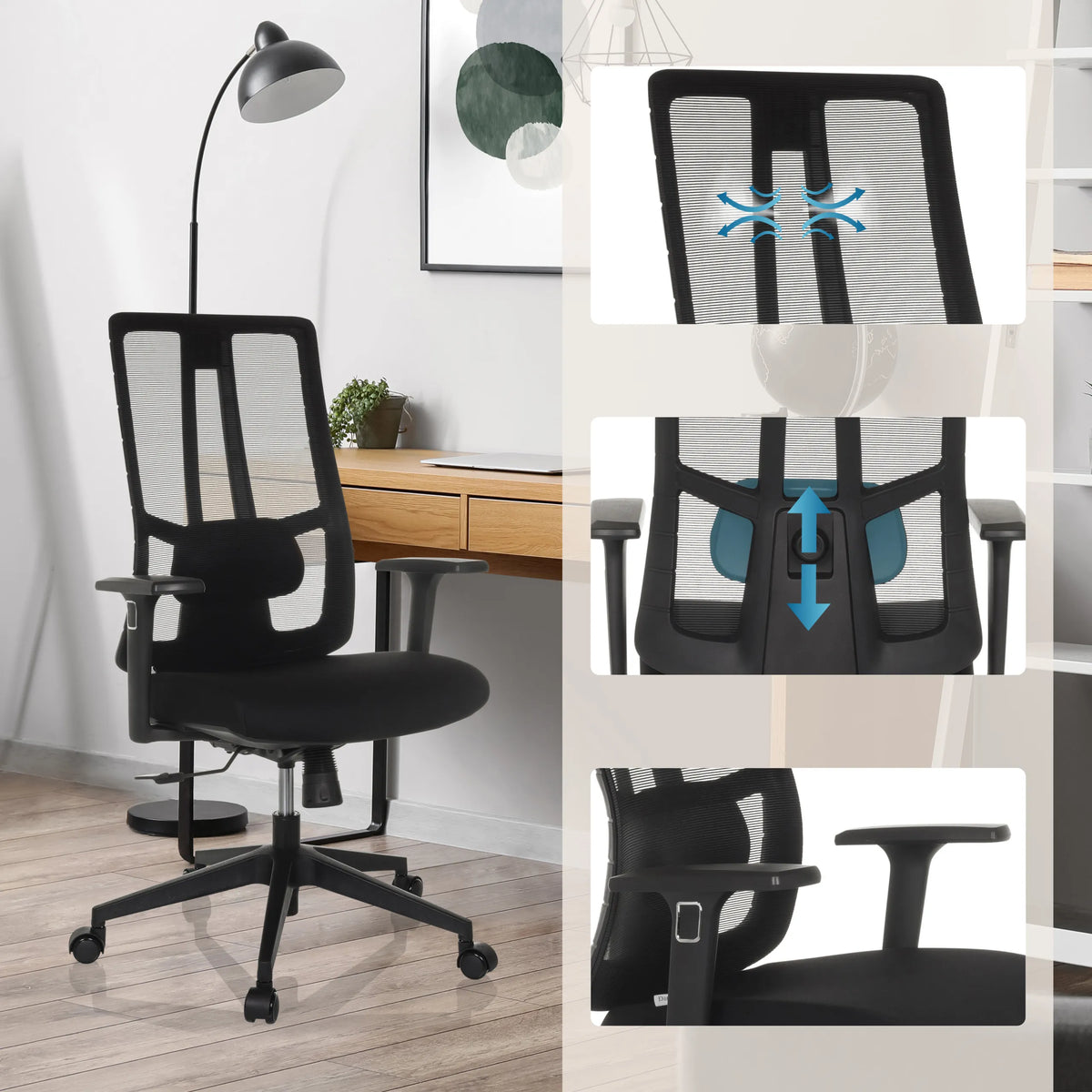 Svart vadderad Professionell kontorsstol TRAMORE BASE med nätrygg och justerbart svankstöd från hjh OFFICE