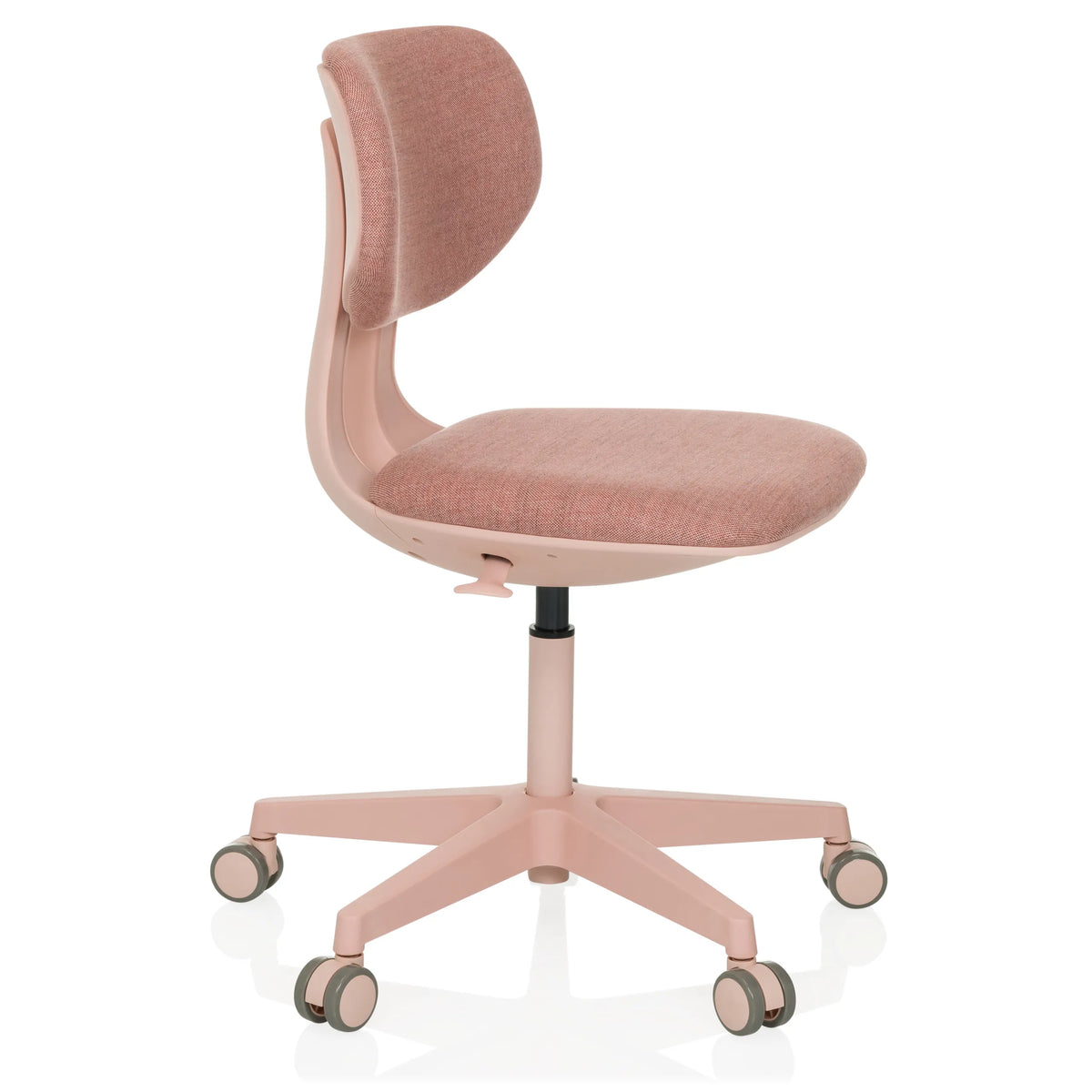 Rosa Snurrstol för barn KID COLORE med stoppade ytor och femhjulig fotkorsbas från hjh OFFICE – 360-gradersvy (snett framifrån 60°)