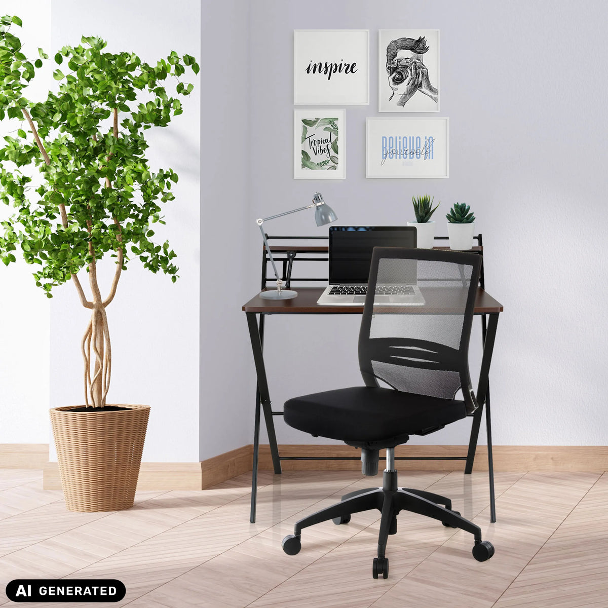 Svart professionell kontorsstol PORTO PRO med nätrygg vid ett skrivbord från hjh OFFICE (AI-genererad bild)