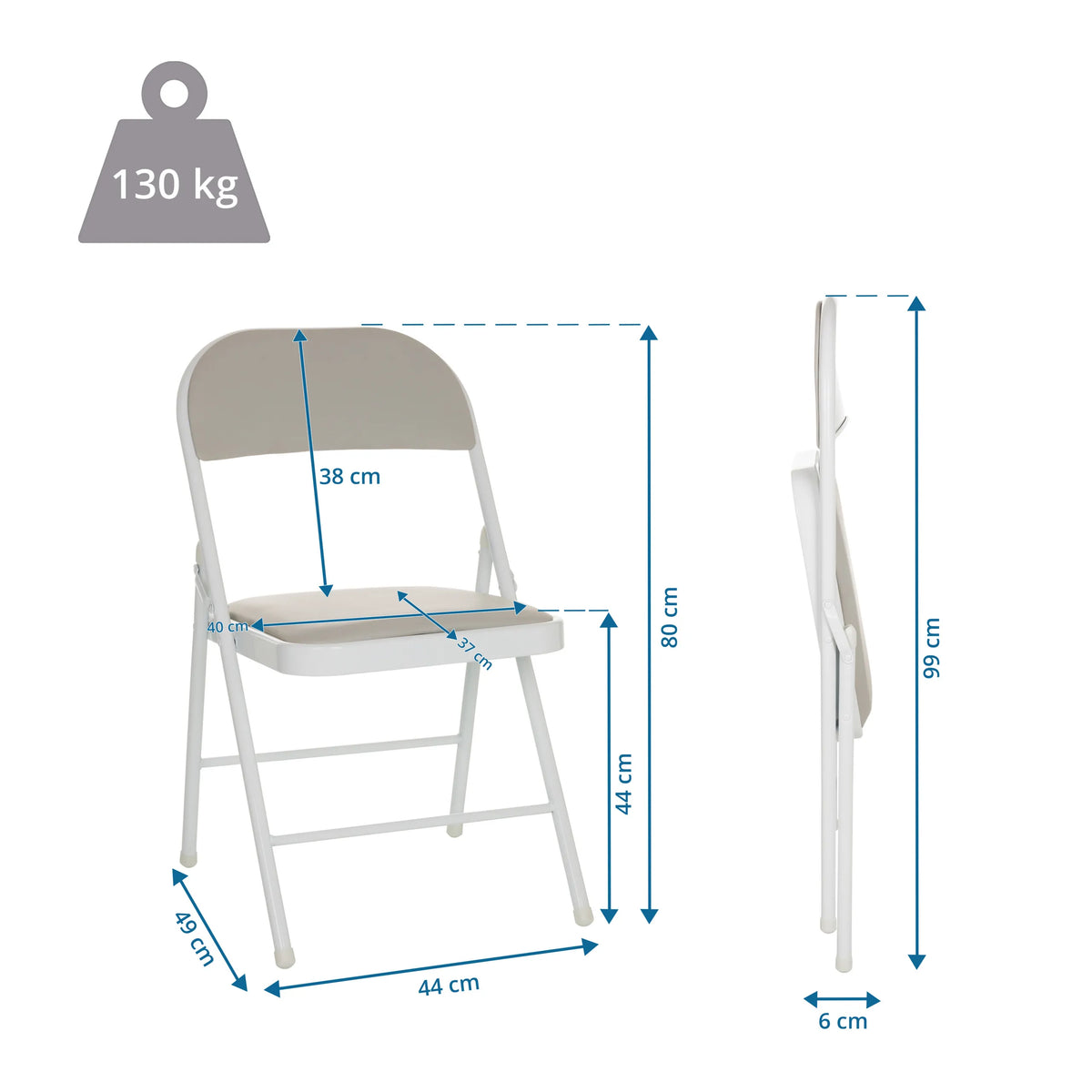 Måttritning av den Hopfällbar stol TUDELA W med en total höjd på 99 cm och en belastningsförmåga på 130 kg från hjh OFFICE