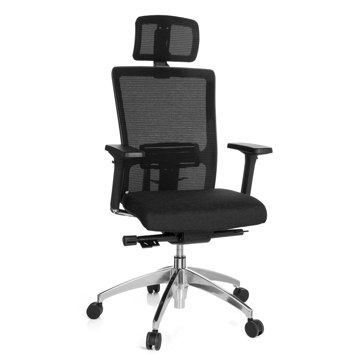 Svart Professionell kontorsstol ASTRA LUX med nätrygg, nackstöd och femhjulig fotkorsbas från hjh OFFICE – 360-gradersvy (framifrån 20°)