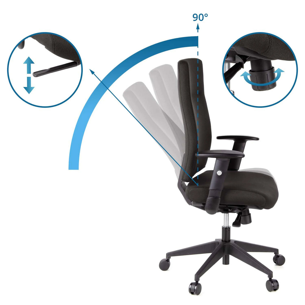 Justerbart ryggstöd med 90°-position på den professionella kontorsstolen PRO-TEC 300 i svart från hjh OFFICE