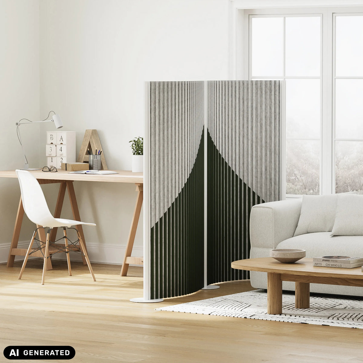Grå Flexmiut Wave skärmvägg med vertikal lamellstruktur och grönt mönster från hjh OFFICE (AI-genererad bild)