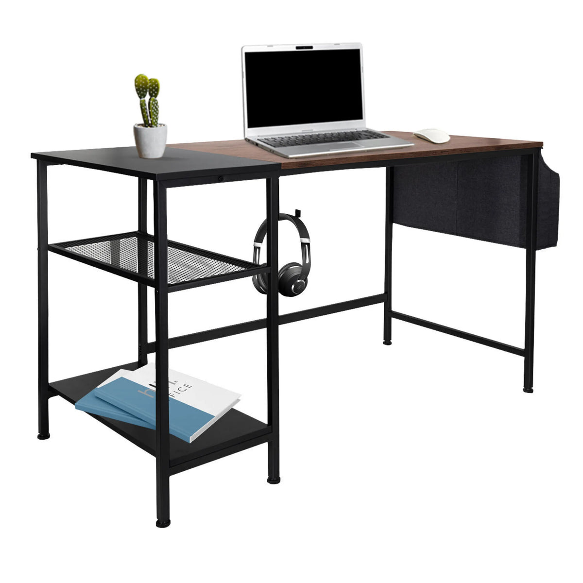 Skrivbord WORKSPACE H I i svart och brunt med två avställningsytor och en sidoficka från hjh OFFICE