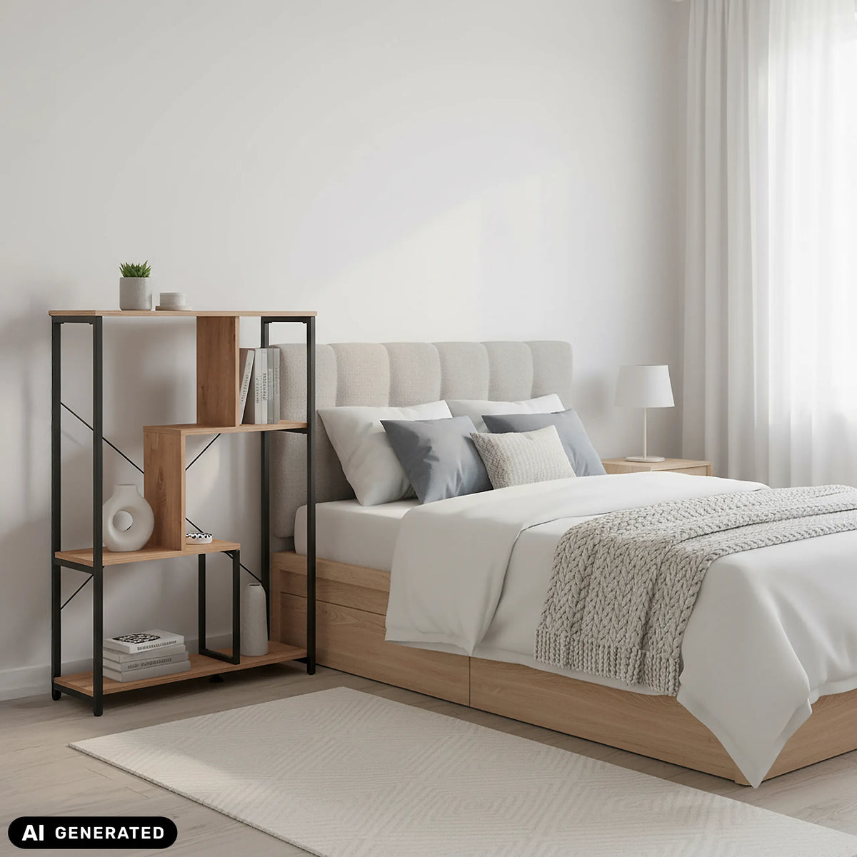 Kalag Eco hylla i svart och ek bredvid en säng från hjh LIVING (AI-genererad bild)