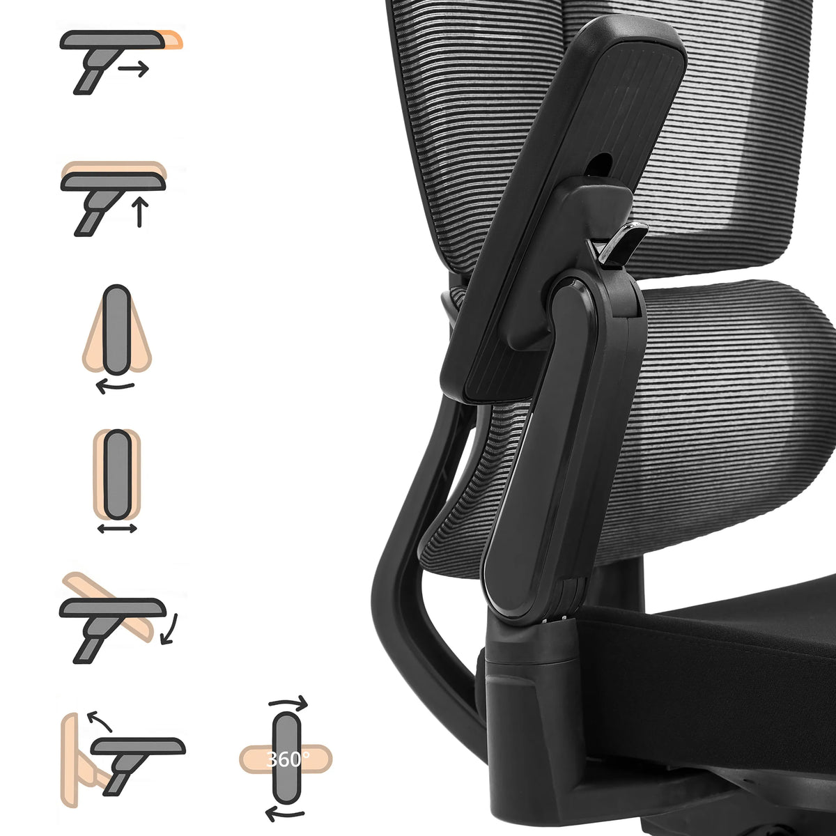 Fyrdimensionellt justerbart armstöd för den professionella kontorsstolen Ergo U2 Flex3 med funktionsdiagram från hjh OFFICE