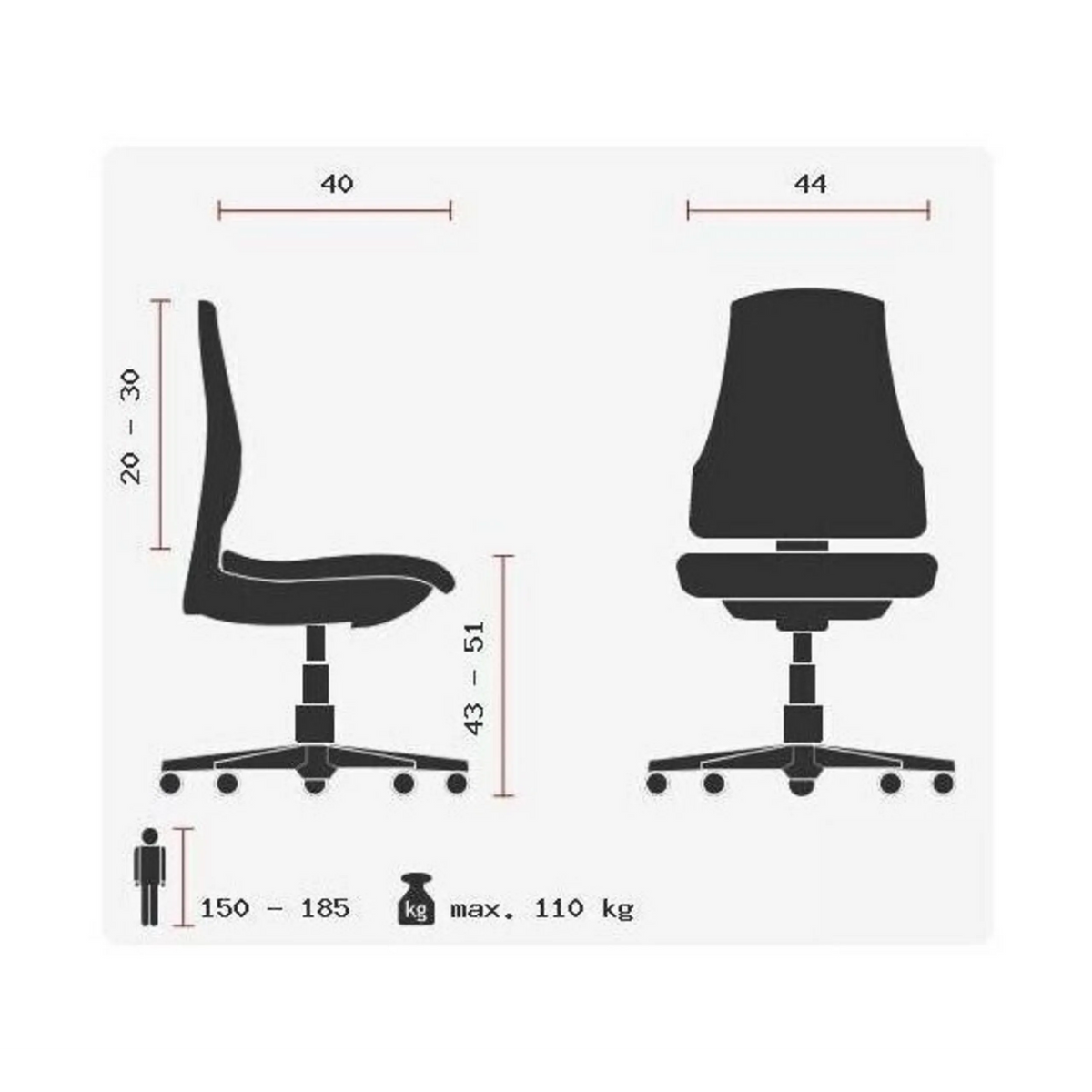 Teknisk ritning av Svängbar stol SITNESS 40 med en maximal belastning på 110 kg från Topstar